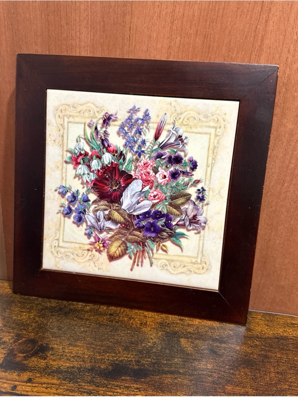 Floral Bouquet Framed Tile Wall Art - Brown Frame